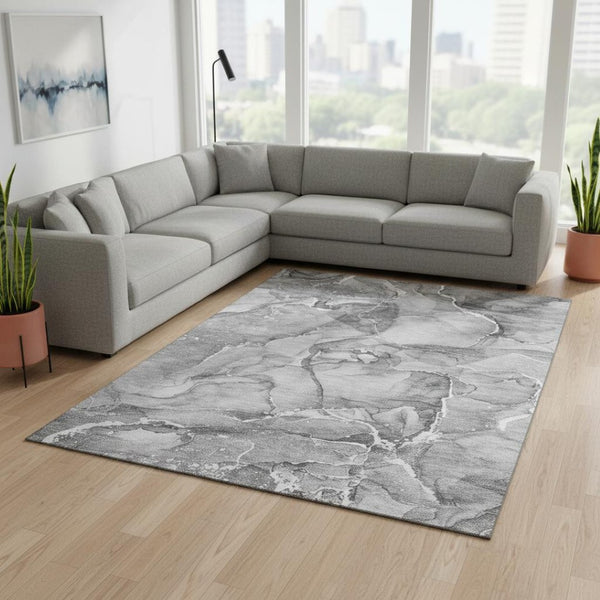 HomeRoots 10' X 14' Modern Pewter and Ivory Abstract Washable Area Rug with UV Protection for Busy Homes 647278