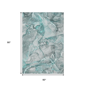 HomeRoots 5' X 8' Teal and Ivory Abstract Washable Area Rug with UV Protection - Stylish, Durable & Easy Care! 647280