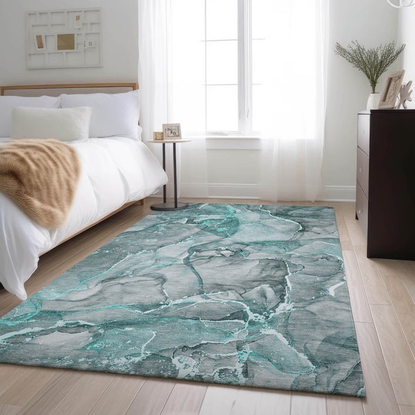 HomeRoots 5' X 8' Teal and Ivory Abstract Washable Area Rug with UV Protection - Stylish, Durable & Easy Care! 647280