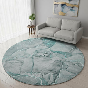 HomeRoots 8' Teal and Ivory Abstract Round Rug - Washable, UV Protected, Durable, Modern Design for Busy Homes 647281