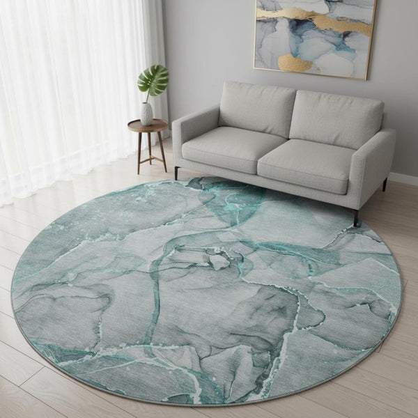 HomeRoots 8' Teal and Ivory Abstract Round Rug - Washable, UV Protected, Durable, Modern Design for Busy Homes 647281