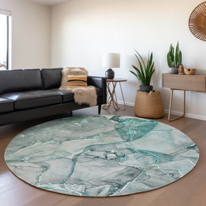 HomeRoots 8' Teal and Ivory Abstract Round Rug - Washable, UV Protected, Durable, Modern Design for Busy Homes 647281