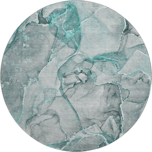 HomeRoots 8' Teal and Ivory Abstract Round Rug - Washable, UV Protected, Durable, Modern Design for Busy Homes 647281