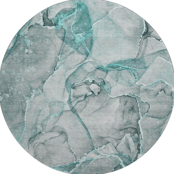HomeRoots 8' Teal and Ivory Abstract Round Rug - Washable, UV Protected, Durable, Modern Design for Busy Homes 647281