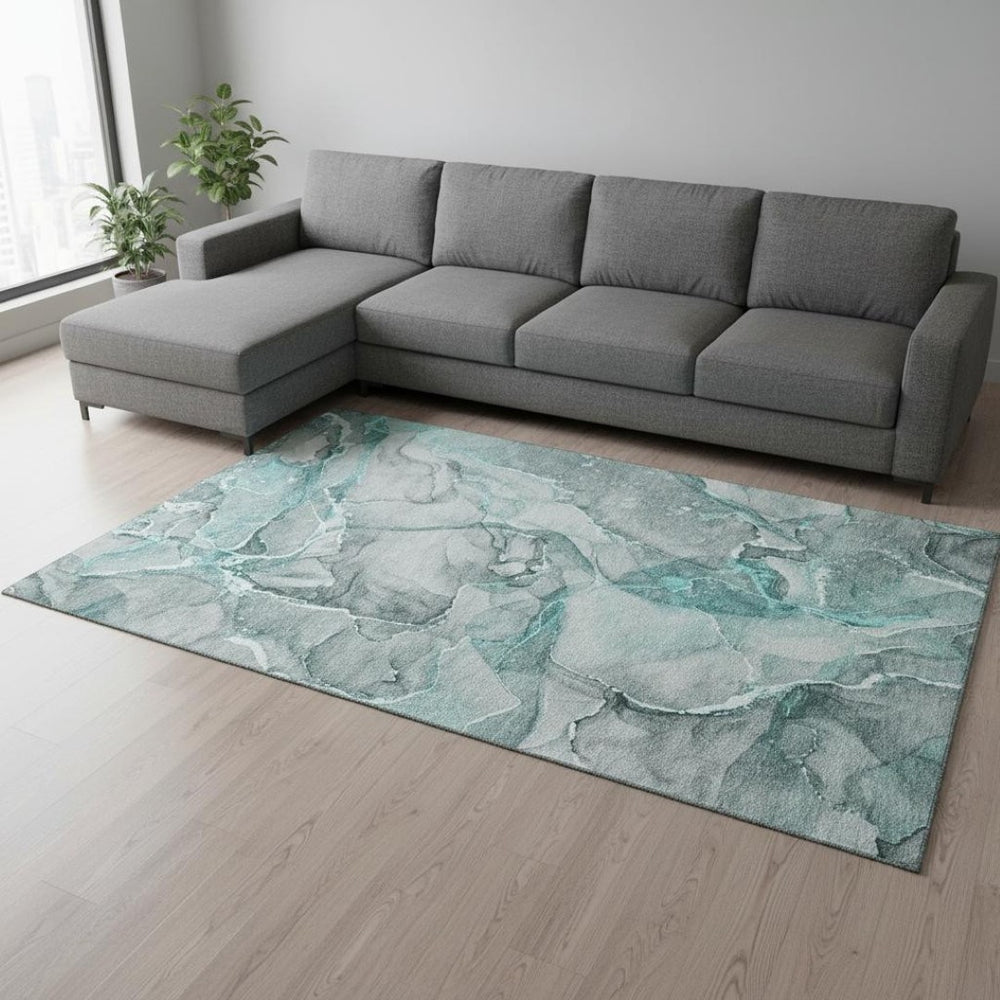 HomeRoots 8' X 10' Teal And Ivory Abstract Area Rug – Washable, Stain Resistant, UV Protected for High-Traffic Rooms 647282