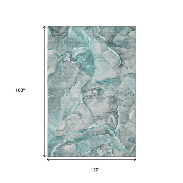 HomeRoots 10' X 14' Teal and Ivory Abstract Area Rug - Durable, Stain-Resistant Design with UV Protection! 647284