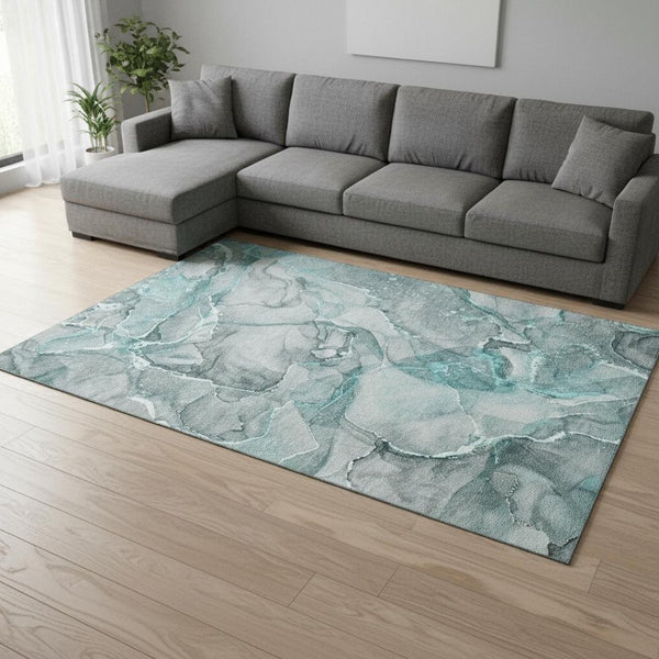 HomeRoots 10' X 14' Teal and Ivory Abstract Area Rug - Durable, Stain-Resistant Design with UV Protection! 647284