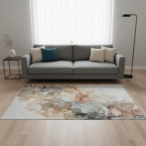 HomeRoots 5' X 8' Beige Gray Ivory Abstract Washable Area Rug - Durable, Stain-Resistant, UV Protected Design 647286