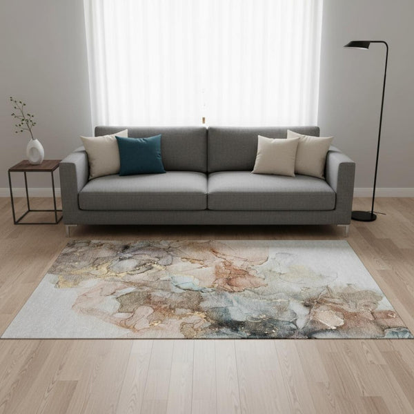 HomeRoots 5' X 8' Beige Gray Ivory Abstract Washable Area Rug - Durable, Stain-Resistant, UV Protected Design 647286