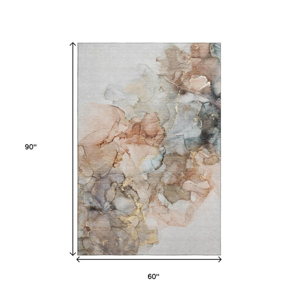 HomeRoots 5' X 8' Beige Gray Ivory Abstract Washable Area Rug - Durable, Stain-Resistant, UV Protected Design 647286
