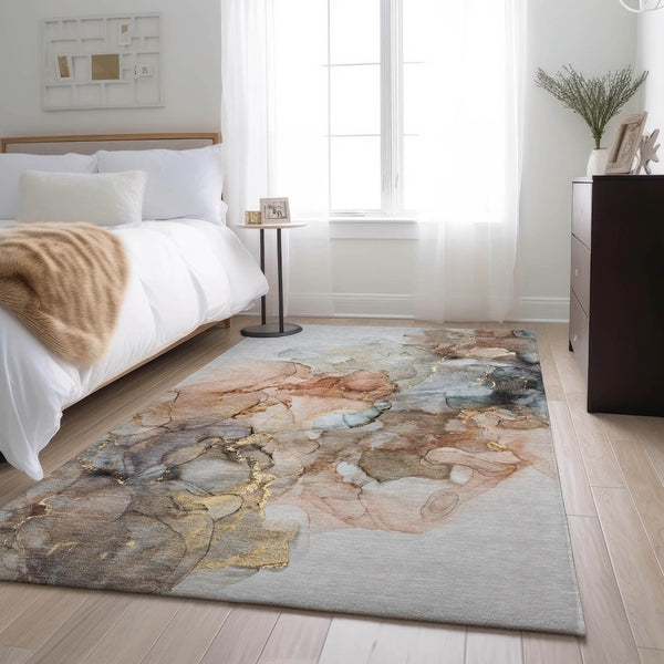 HomeRoots 5' X 8' Beige Gray Ivory Abstract Washable Area Rug - Durable, Stain-Resistant, UV Protected Design 647286