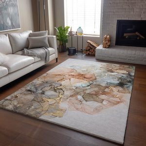 HomeRoots 5' X 8' Beige Gray Ivory Abstract Washable Area Rug - Durable, Stain-Resistant, UV Protected Design 647286