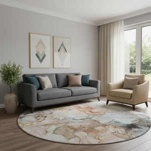 HomeRoots 8' Abstract Washable Round Rug in Beige, Gray & Ivory - Durable, UV Protected, Perfect for Homes 647287