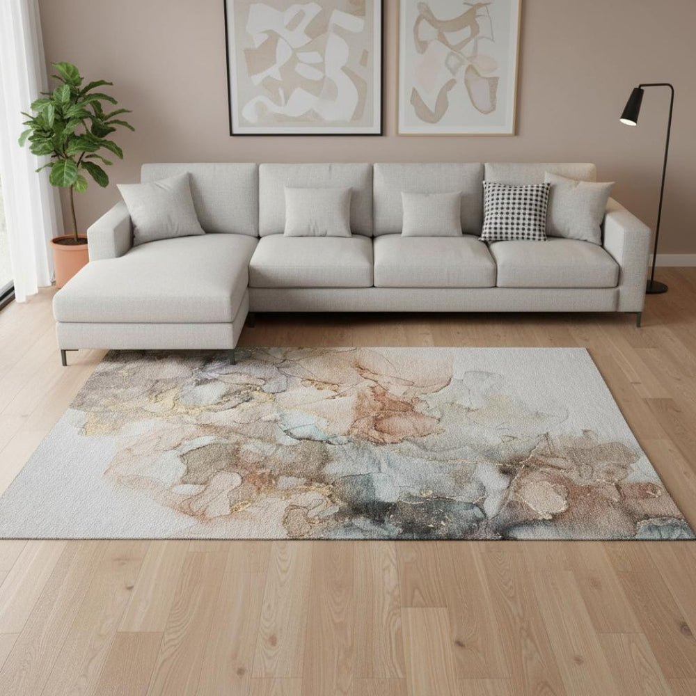 HomeRoots 8' X 10' Beige Gray Ivory Abstract Area Rug - Washable, UV Protected, Stain Resistant & Non-Slip Design 647288
