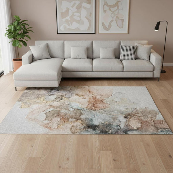 HomeRoots 8' X 10' Beige Gray Ivory Abstract Area Rug - Washable, UV Protected, Stain Resistant & Non-Slip Design 647288