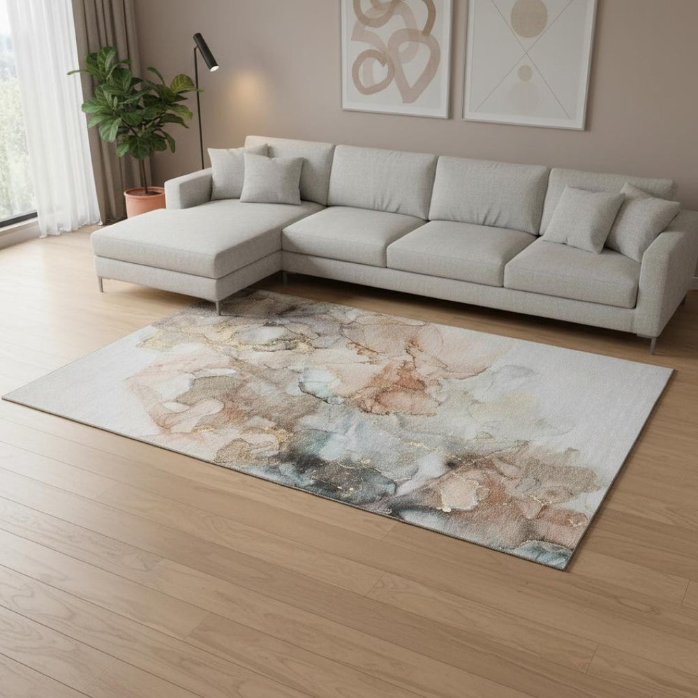 HomeRoots 9' X 12' Abstract Washable Area Rug in Beige Gray Ivory – Durable, Stain-Resistant, UV Protected Design 647289