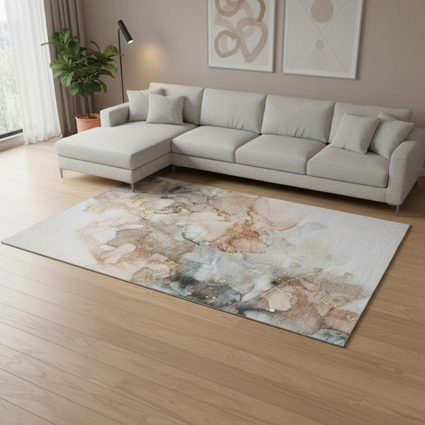 HomeRoots 9' X 12' Abstract Washable Area Rug in Beige Gray Ivory – Durable, Stain-Resistant, UV Protected Design 647289