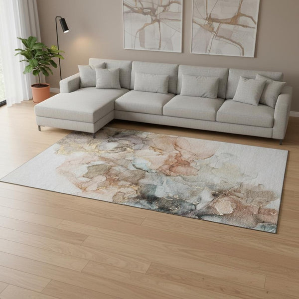 HomeRoots 10' X 14' Beige Gray Ivory Abstract Area Rug - Durable, Washable, UV Protected for High-Traffic Homes 647290
