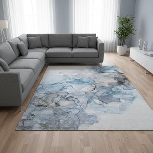 HomeRoots 8' X 10' Blue Gray Abstract Washable Area Rug with UV Protection, Stain-Resistant for Homes & Decor 647294