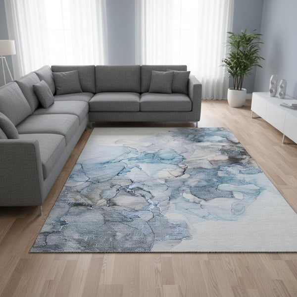 HomeRoots 8' X 10' Blue Gray Abstract Washable Area Rug with UV Protection, Stain-Resistant for Homes & Decor 647294