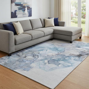 HomeRoots 9' X 12' Abstract Blue-Gray and Ivory Washable Area Rug with UV Protection for Family Homes 647295