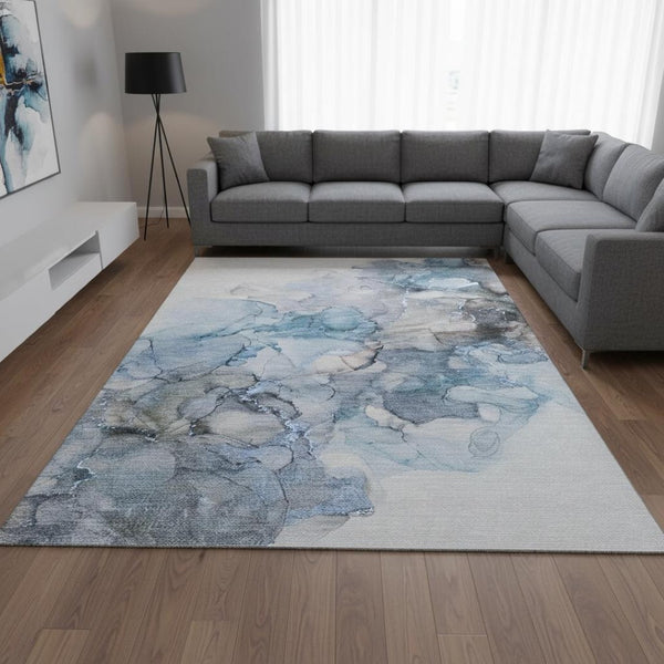 HomeRoots 10' X 14' Blue Gray & Ivory Abstract Area Rug - Washable, Stain Resistant, UV Protected for Durability 647296