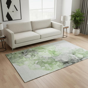 HomeRoots 5' X 8' Washable Area Rug in Green, Gray & Ivory - UV Protected, Durable, Modern Design for Homes 647298