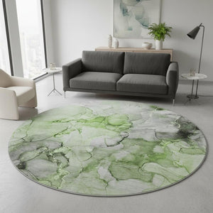 HomeRoots 8' Washable Round Rug in Green, Gray & Ivory - UV Protected, Durable Design for Modern Homes 647299