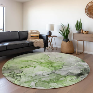 HomeRoots 8' Washable Round Rug in Green, Gray & Ivory - UV Protected, Durable Design for Modern Homes 647299