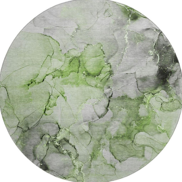 HomeRoots 8' Washable Round Rug in Green, Gray & Ivory - UV Protected, Durable Design for Modern Homes 647299