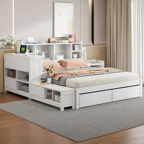 English Elm Full Size Wooden Platform Bed With Desk, Storage Drawers, Usb Ports, Nightstand & Modern Design N820S00029K