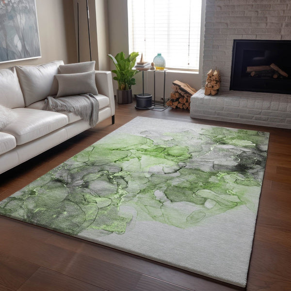 HomeRoots 8' X 10' Modern Abstract Area Rug in Green, Gray & Ivory – Washable, UV Protected & Stain Resistant 647300