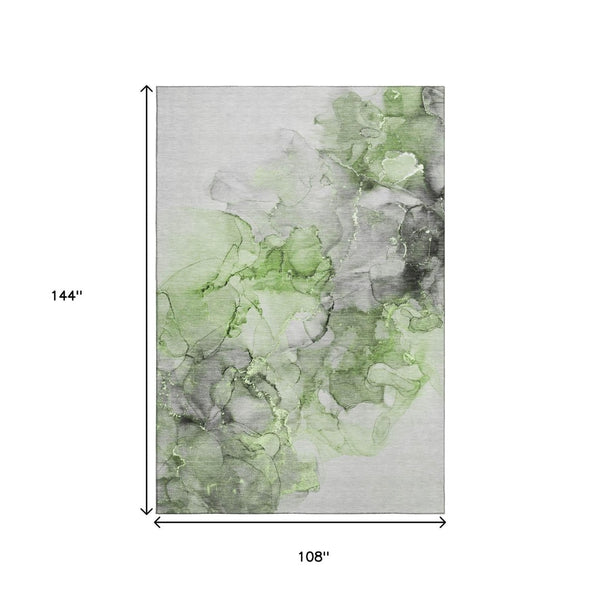HomeRoots 9' X 12' Abstract Area Rug in Green, Gray, and Ivory - Washable, UV Protected, Stylish & Durable! 647301