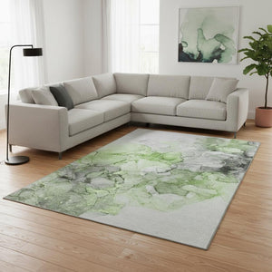 HomeRoots 9' X 12' Abstract Area Rug in Green, Gray, and Ivory - Washable, UV Protected, Stylish & Durable! 647301