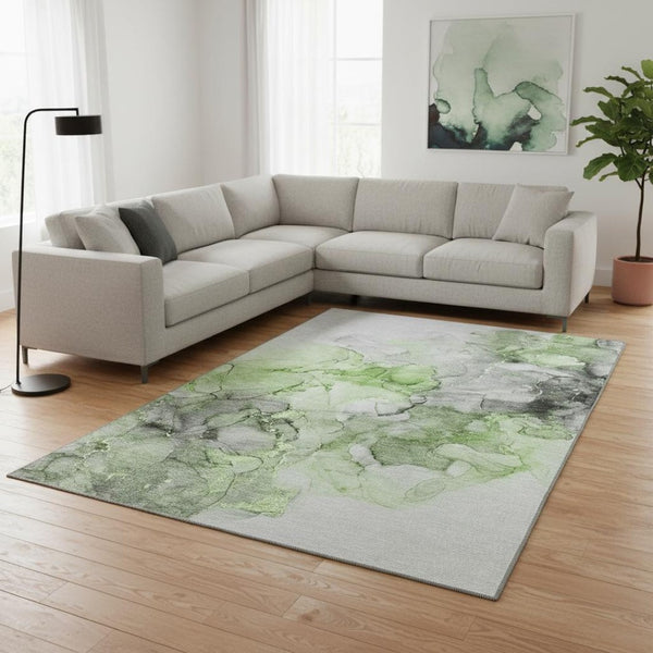 HomeRoots 9' X 12' Abstract Area Rug in Green, Gray, and Ivory - Washable, UV Protected, Stylish & Durable! 647301