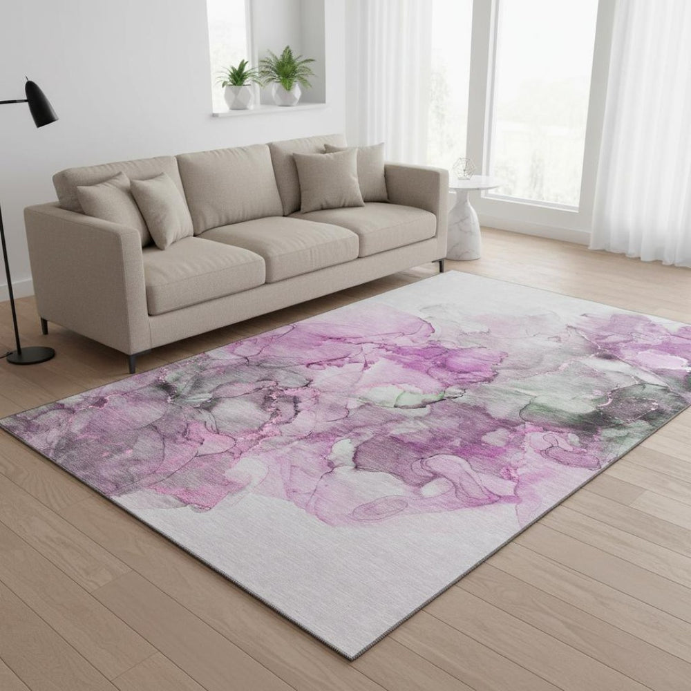 HomeRoots 5' X 8' Stylish Pink, Gray, and Ivory Abstract Area Rug – Washable, UV Protected & Durable Design 647304