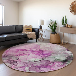 HomeRoots 8' Pink, Gray, and Ivory Abstract Round Rug - UV Protection, Stain-Resistant, Modern Design for Homes 647305