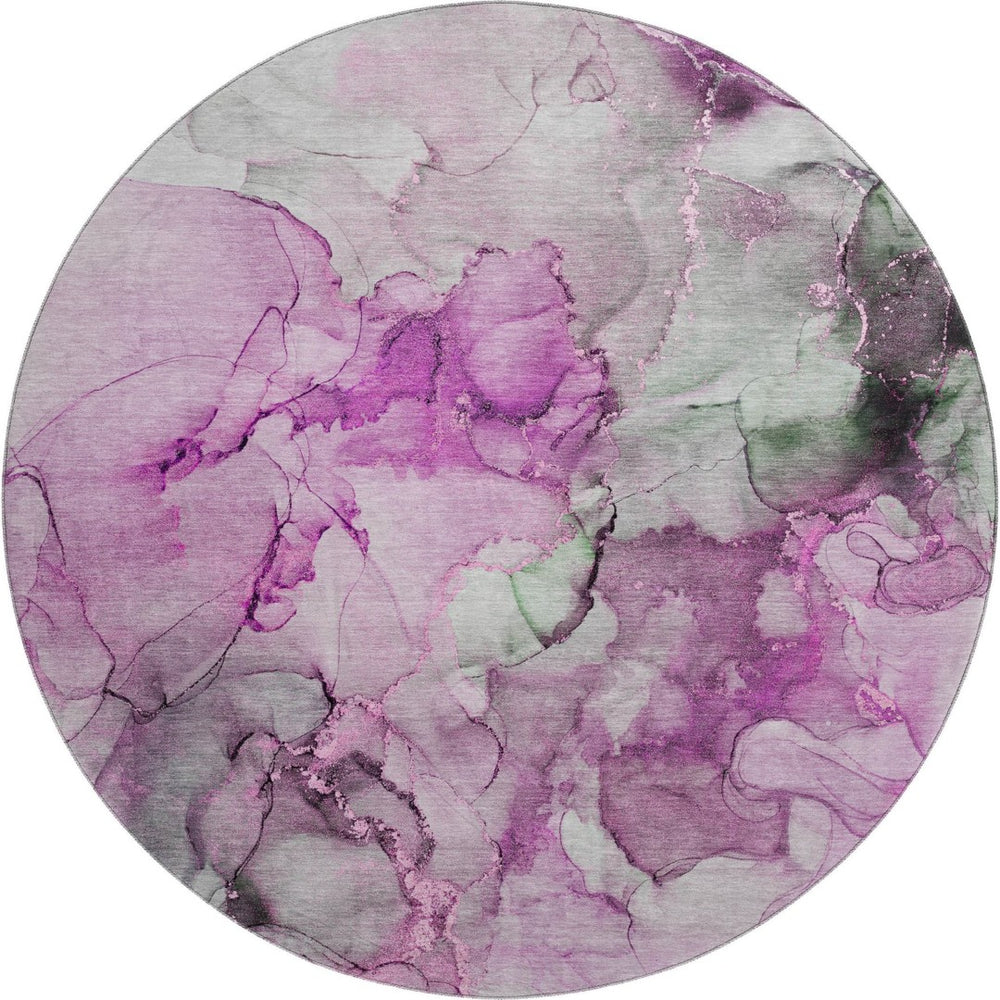 HomeRoots 8' Pink, Gray, and Ivory Abstract Round Rug - UV Protection, Stain-Resistant, Modern Design for Homes 647305