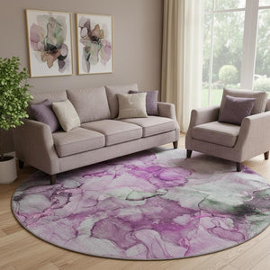HomeRoots 8' Pink, Gray, and Ivory Abstract Round Rug - UV Protection, Stain-Resistant, Modern Design for Homes 647305