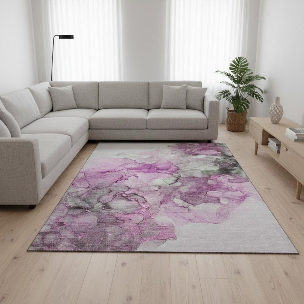 HomeRoots 8' X 10' Abstract Washable Area Rug in Pink, Gray & Ivory - Stain Resistant, UV Protected & Modern Design 647306