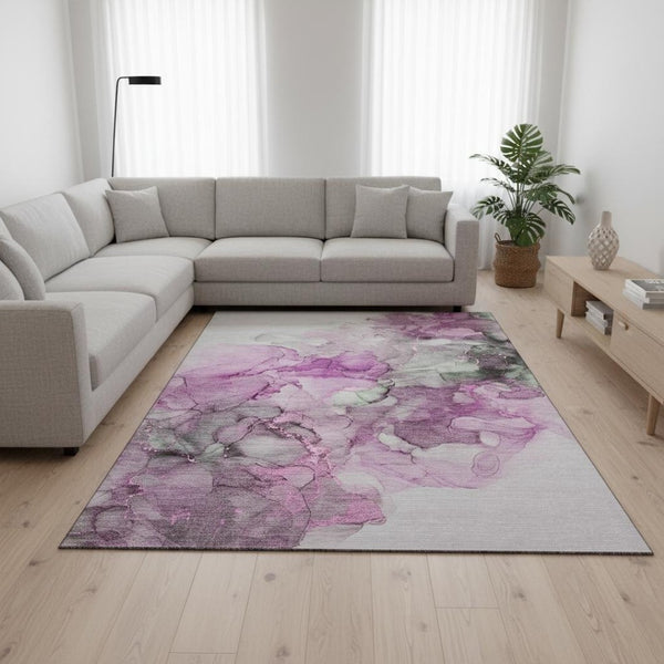 HomeRoots 8' X 10' Abstract Washable Area Rug in Pink, Gray & Ivory - Stain Resistant, UV Protected & Modern Design 647306