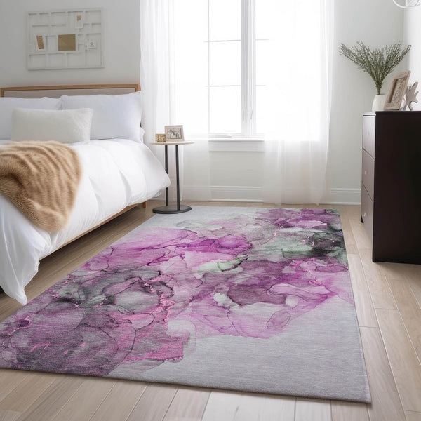 HomeRoots 8' X 10' Abstract Washable Area Rug in Pink, Gray & Ivory - Stain Resistant, UV Protected & Modern Design 647306