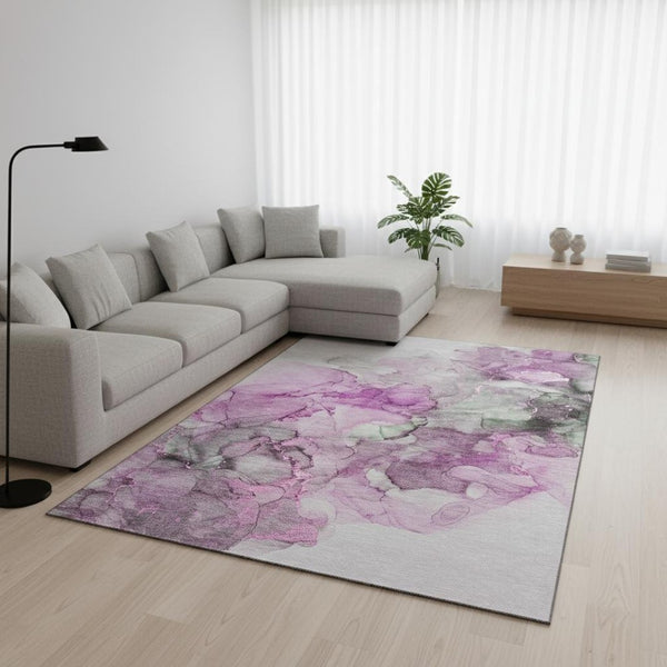 HomeRoots 9' X 12' Abstract Washable Area Rug in Pink, Gray & Ivory – UV Protected, Stylish & Durable Design 647307