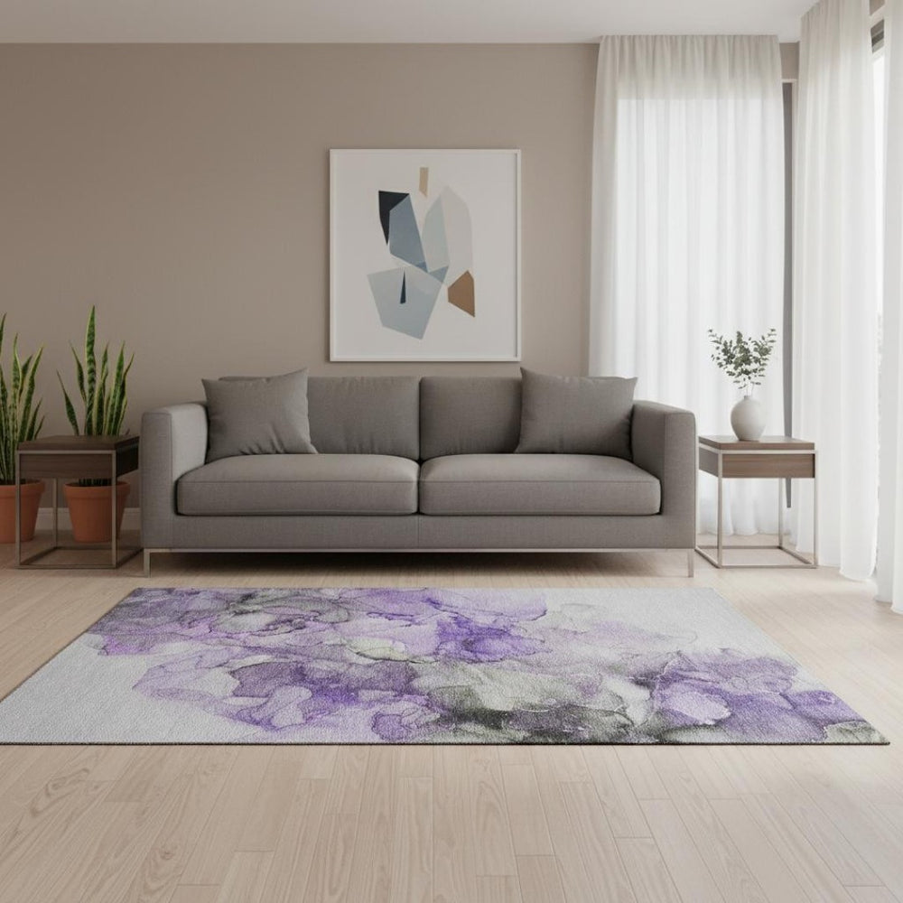 HomeRoots 5' X 8' Abstract Purple Gray Ivory Washable Area Rug with UV Protection for High-Traffic Spaces 647310
