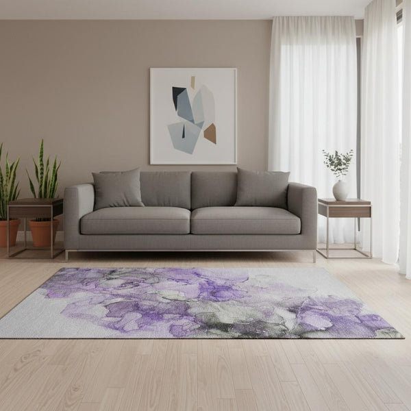 HomeRoots 5' X 8' Abstract Purple Gray Ivory Washable Area Rug with UV Protection for High-Traffic Spaces 647310