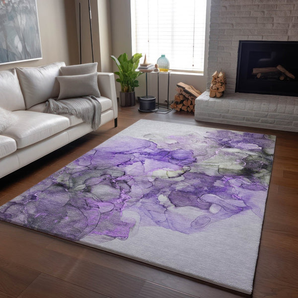 HomeRoots 5' X 8' Abstract Purple Gray Ivory Washable Area Rug with UV Protection for High-Traffic Spaces 647310