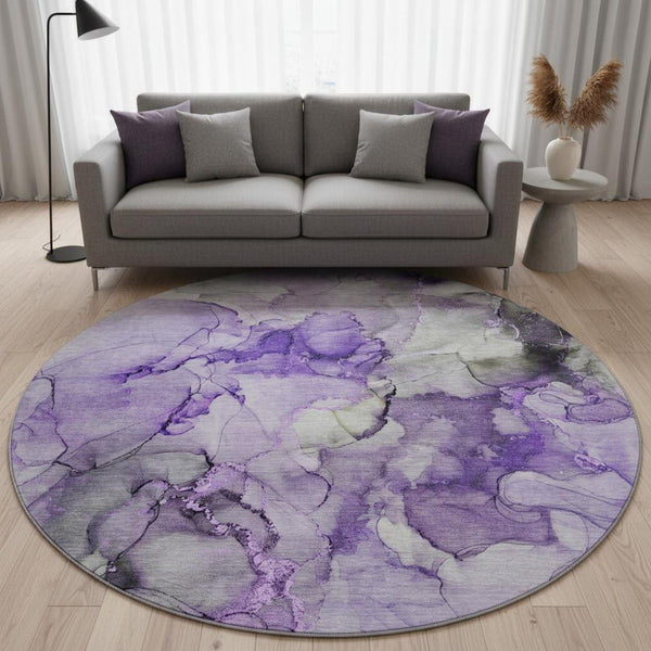 HomeRoots 8' Purple Gray Ivory Abstract Washable Round Rug - UV Protected, Stain Resistant, Durable Design 647311