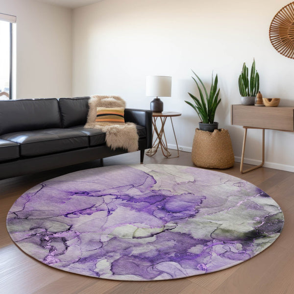 HomeRoots 8' Purple Gray Ivory Abstract Washable Round Rug - UV Protected, Stain Resistant, Durable Design 647311