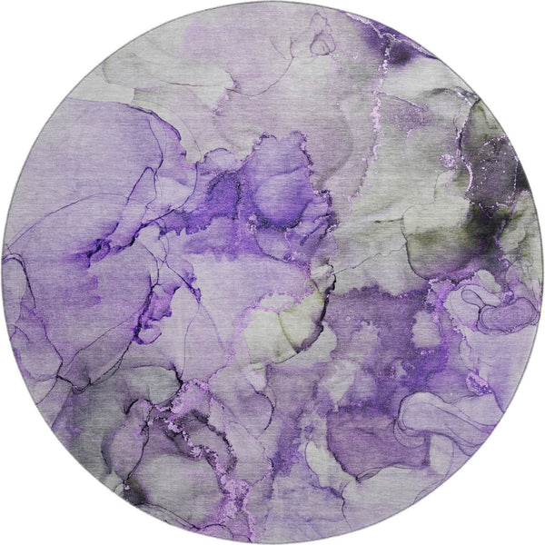HomeRoots 8' Purple Gray Ivory Abstract Washable Round Rug - UV Protected, Stain Resistant, Durable Design 647311