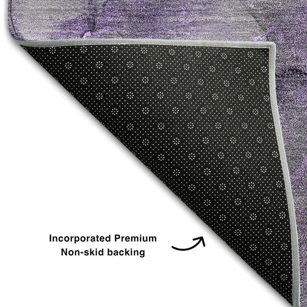 HomeRoots 8' Purple Gray Ivory Abstract Washable Round Rug - UV Protected, Stain Resistant, Durable Design 647311